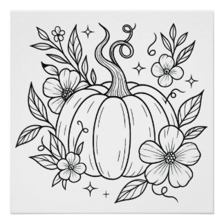 Pumpkin and Floral Wall Art Poster – Autumn Harves