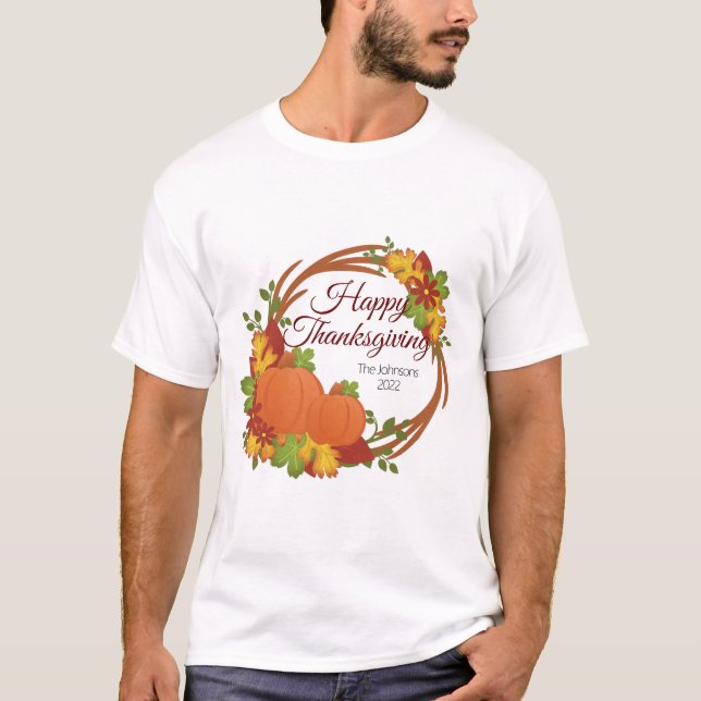 Pumpkin and Flower Thanksgiving Wreath T-Shirt (Front)