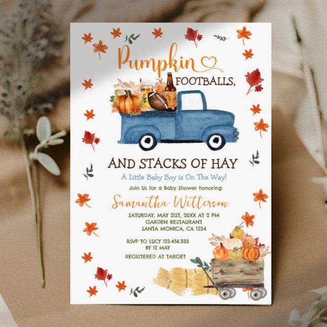 Pumpkin and Football Autumn Leaves Boy Baby Shower Invitation (Creator Uploaded)