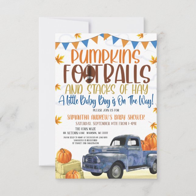 Pumpkin and Footballs Boy Baby Shower Invitation (Front)
