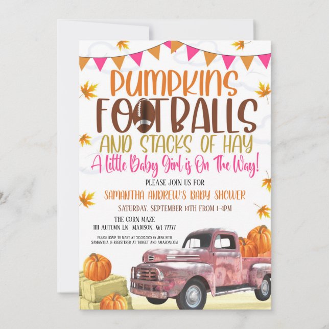 Pumpkin and Footballs Girl Baby Shower Invitation (Front)