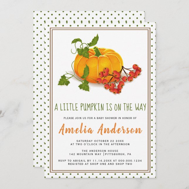 Pumpkin and green polka dot frame Baby Shower Invitation (Front/Back)