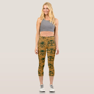 Pumpkin and Hunter Green Cone Flower Pattern Capri Leggings