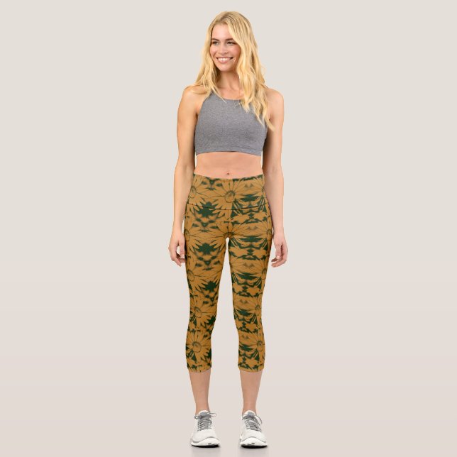Pumpkin and Hunter Green Cone Flower Pattern Capri Leggings (Front)