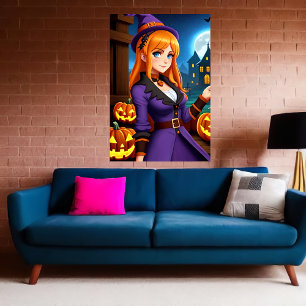 Pumpkin and lady in purple clothes   AI Art Poster
