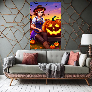 Pumpkin and lady with cat brown hat   AI Art Poster