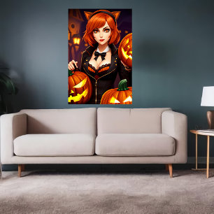 Pumpkin and lady with cat ears AI Art Poster