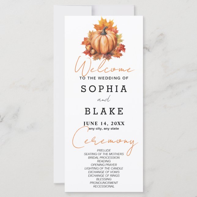 Pumpkin and Leaves Fall White Wedding Program (Front)
