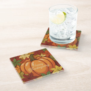 Pumpkin and Leaves Thanksgiving Glass Coaster