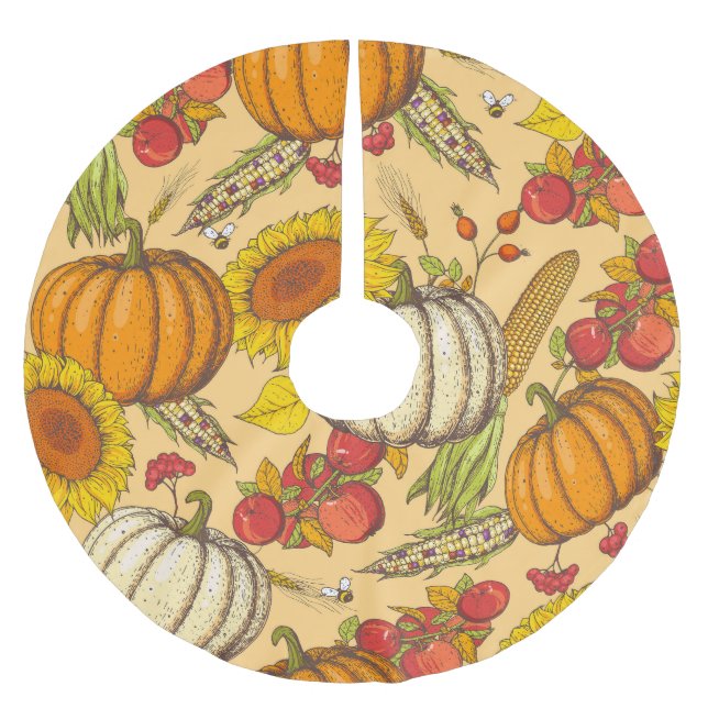 Pumpkin and Maple Leaves Pattern. Brushed Polyester Tree Skirt (Front)