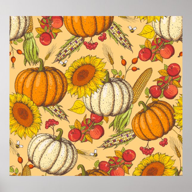 Pumpkin and Maple Leaves Pattern. Poster (Front)