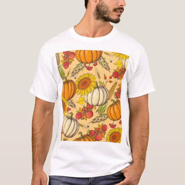 Pumpkin and Maple Leaves Pattern. T-Shirt (Front)
