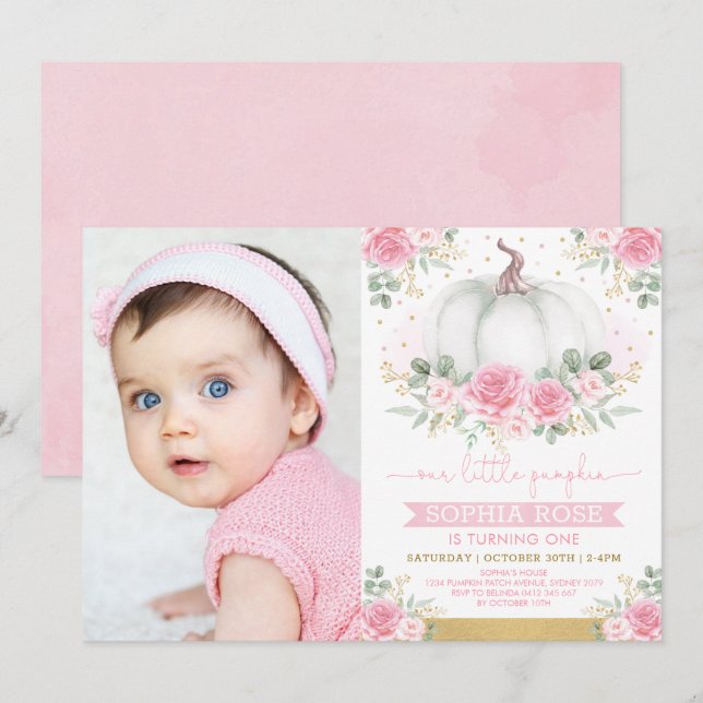 Pumpkin and Pink Floral Girls 1st Birthday Photo Invitation (Front/Back)