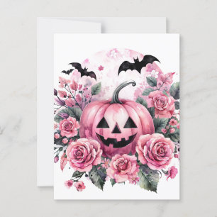 Pumpkin and Roses With Bats Pinkoween Postcard