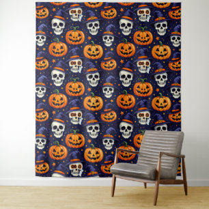 Pumpkin and Skull Pattern Tapestry – Spooky Gothic