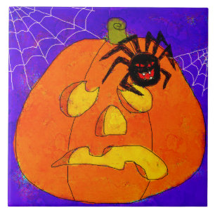 Pumpkin and Spider Abstract Halloween Art Tile