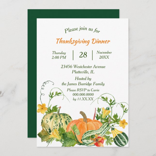 Pumpkin and Squash Bounty Thanksgiving Dinner Invitation (Front/Back)