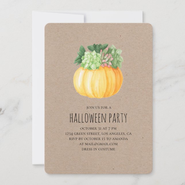 Pumpkin and succulents. Halloween party. Rustic Invitation (Front)