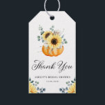 Pumpkin and Sunflower Bridal Shower Thank You Gift Tags<br><div class="desc">These custom bridal shower thank you tags feature a soft watercolor pumpkin surrounded by sunflowers, eucalyptus leaves, and cotton accents. The warm, fall-inspired design is perfect for autumn bridal showers with rustic, farmhouse, or boho themes. Personalise each tag with the bride’s name, shower date, or a short thank you message...</div>