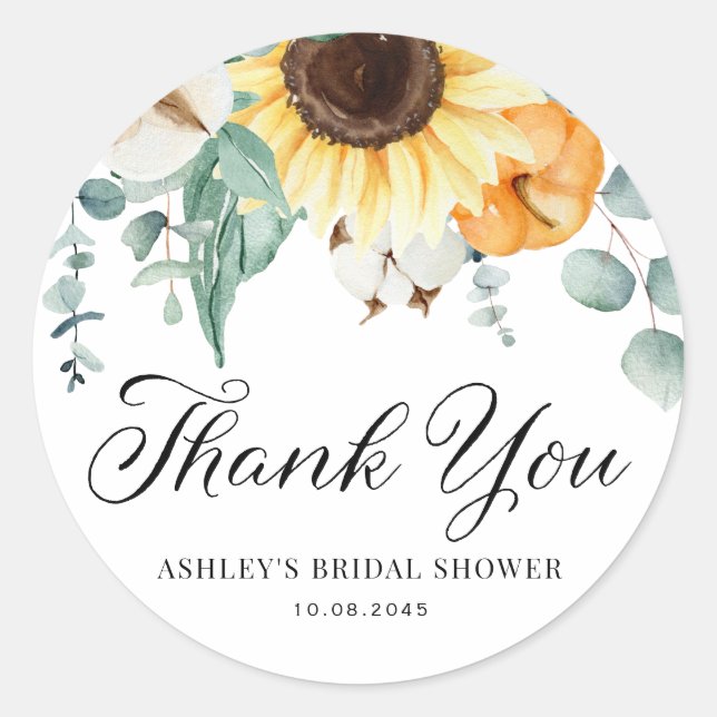 Pumpkin and Sunflower Fall Bridal Shower Thank You Classic Round Sticker (Front)
