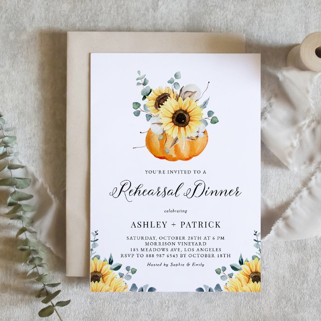 Pumpkin and Sunflowers Fall Rehearsal Dinner Invitation (Customizable fall rehearsal dinner invitation featuring watercolor pumpkin, sunflowers and greenery.)