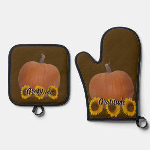 Pumpkin and Sunflowers Gratitude Brown Oven Mitt & Pot Holder Set