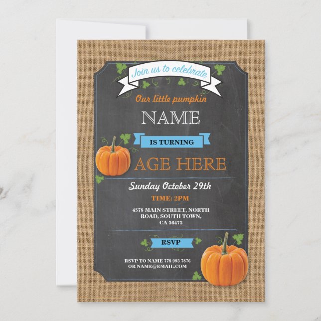 Pumpkin Any Age Birthday Party Blue Boy Invite (Front)