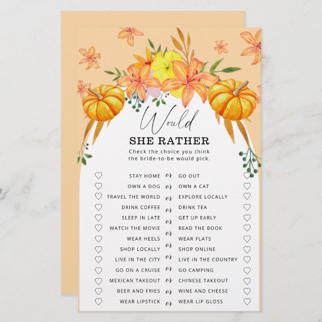 Pumpkin arch - Would she rather bridal shower game (Front/Back)