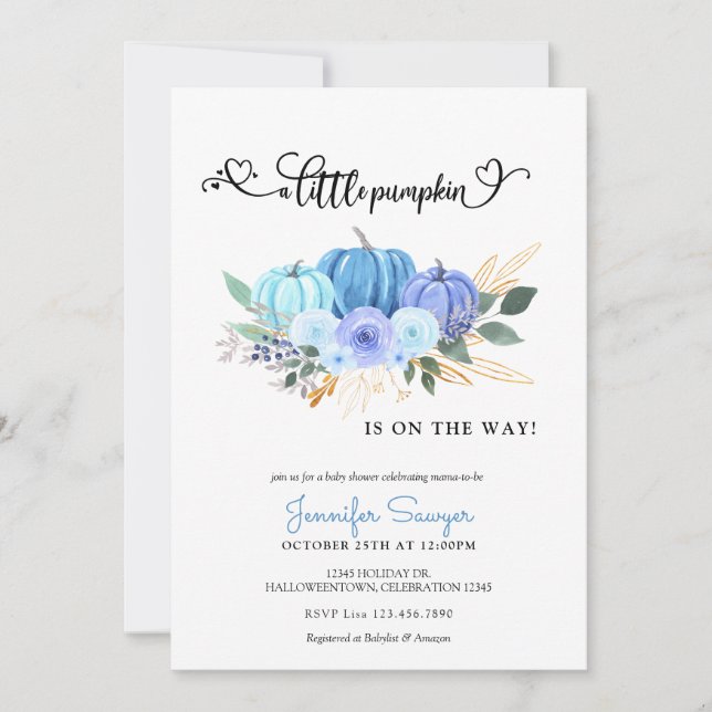 Pumpkin Autumn Blue Boy Baby Shower Invitation (Front)