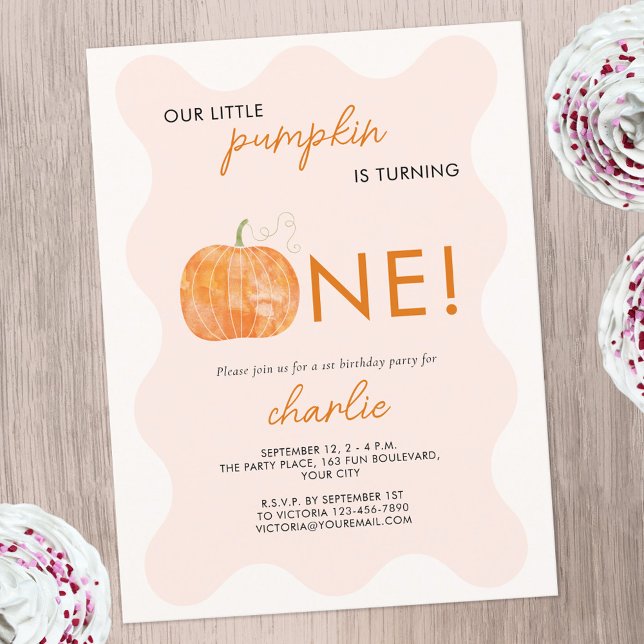 Pumpkin Autumn Fall First 1st Birthday Invitation Postcard (Our Little Pumpkin is Turning One fun first 1st birthday autumn fall themed personalized invitation)