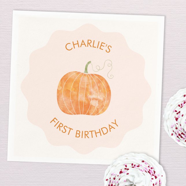 Pumpkin Autumn Fall First 1st Birthday Napkin (Cute pumpkin watercolor autumn fall first birthday party paper napkin)
