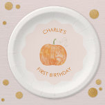 Pumpkin Autumn Fall First 1st Birthday Paper Plate<br><div class="desc">A watercolor pumpkin on a blush pink modern wavy background for an autumn fall first birthday party.  Change the text to customise.  Original art by Nic Squirrell.</div>