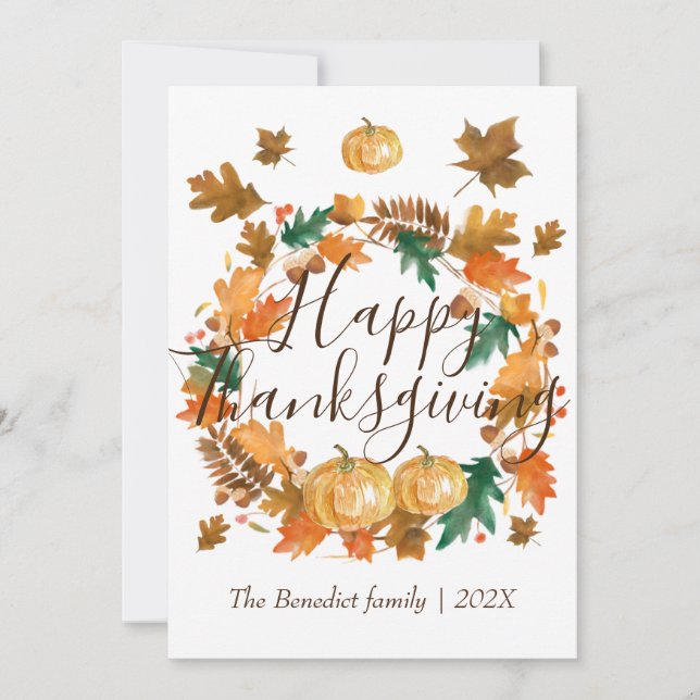 Pumpkin autumn fall leaves happy thanksgiving  holiday card (Front)
