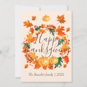 Pumpkin autumn fall leaves happy thanksgiving  holiday card