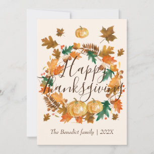 Pumpkin autumn fall leaves happy thanksgiving holiday card