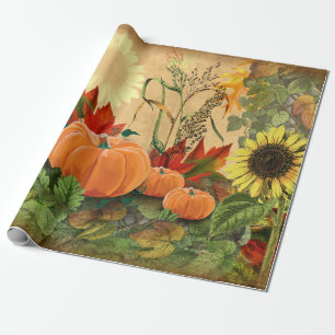 Pumpkin Autumn Fall Sunflower Wrapping Paper