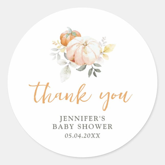 Pumpkin Autumn Fall Watercolor Baby Shower Classic Round Sticker (Front)