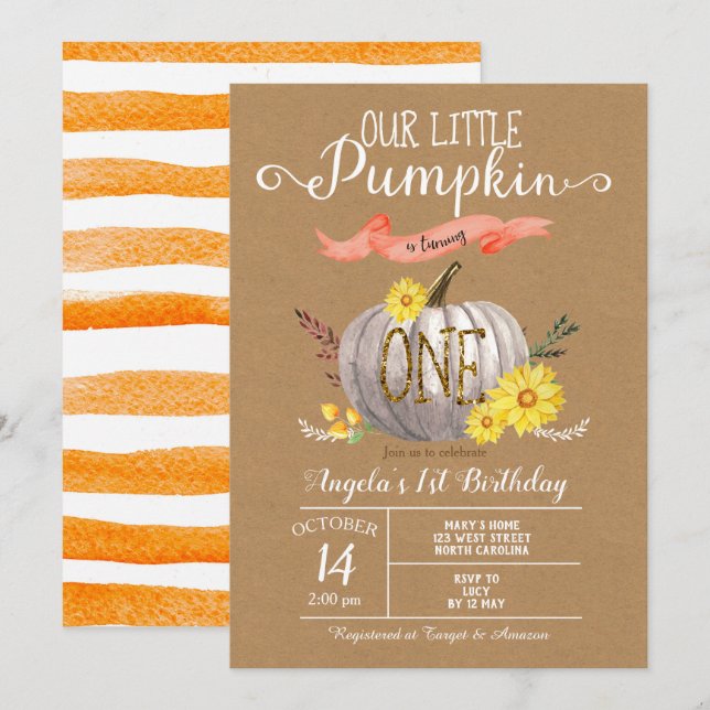 Pumpkin Autumn First 1st Birthday Invitation (Front/Back)