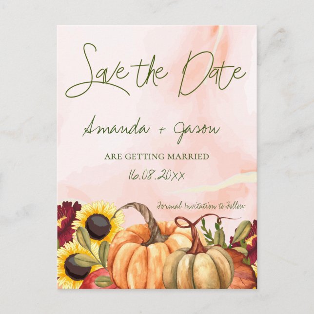 Pumpkin Autumn Floral Fall Wedding Save The Date Postcard (Front)