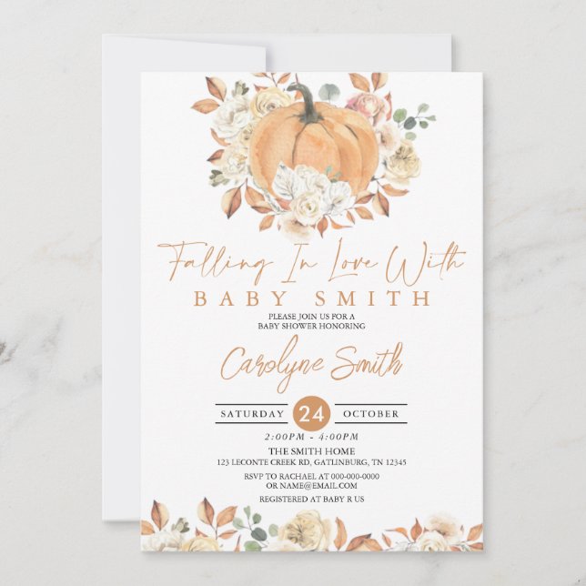 Pumpkin Autumn Floral Falling Baby Shower Invitation (Front)