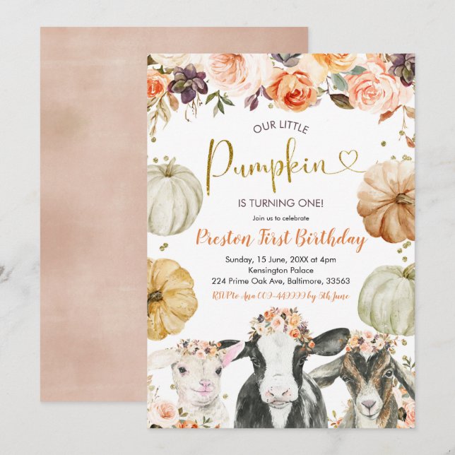 Pumpkin Autumn Floral Farm Birthday Invitation (Front/Back)