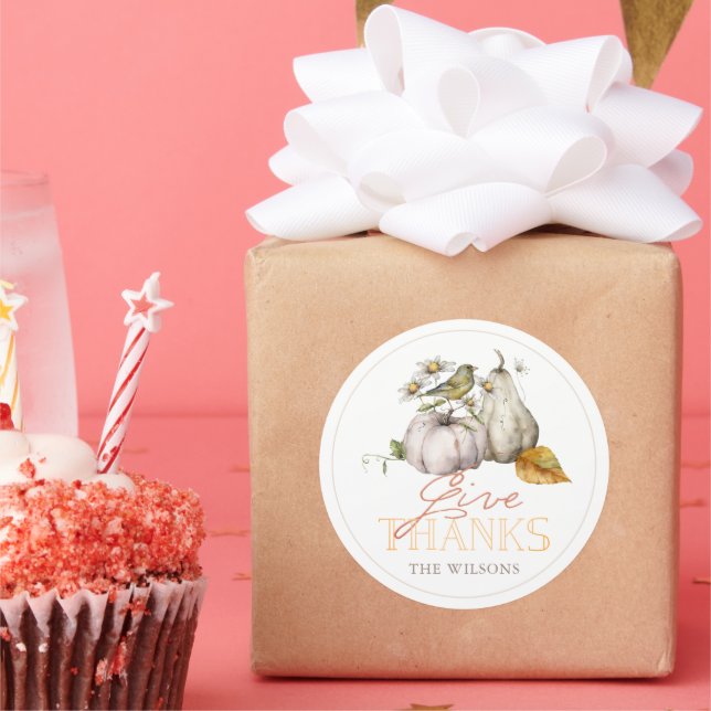 Pumpkin Autumn Leaves Bird Thanksgiving Classic Round Sticker (Party)