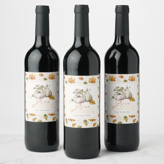 Pumpkin Autumn Leaves Bird Thanksgiving Wine Label (Bottles)