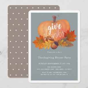 Pumpkin Autumn Leaves Blue Thanksgiving Dinner Invitation