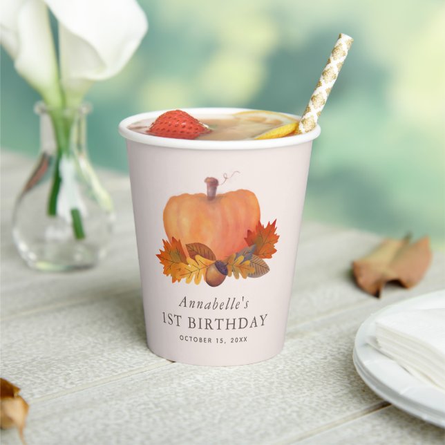 Pumpkin Autumn Leaves Blush Pink Birthday Paper Cups (Insitu)