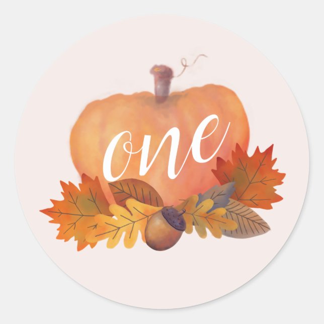 Pumpkin Autumn Leaves Pink Birthday Classic Round Sticker (Front)