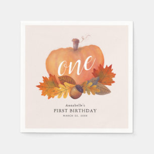 Pumpkin Autumn Leaves Pink Girl Birthday Paper Napkin