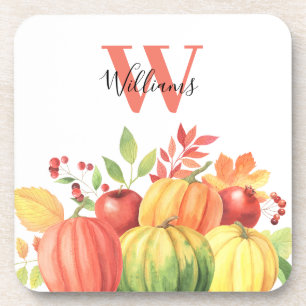 Pumpkin Autumn Monogram Name Coaster