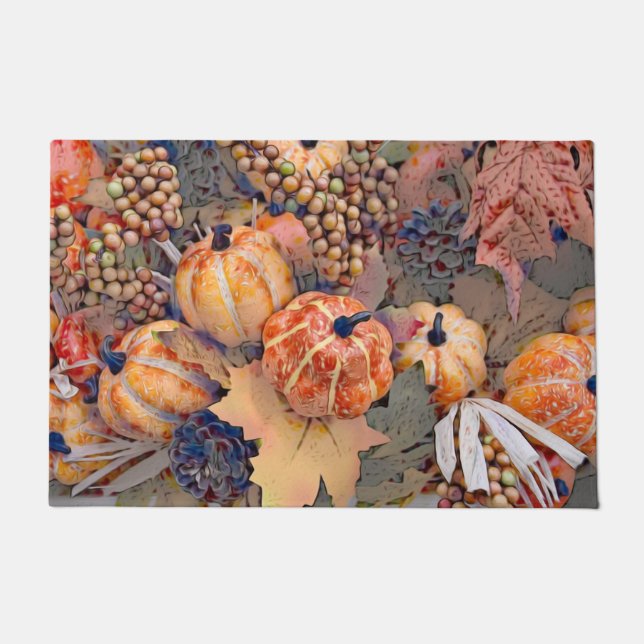 Pumpkin Autumn Orange Leaves Digital Painting Doormat (Front)