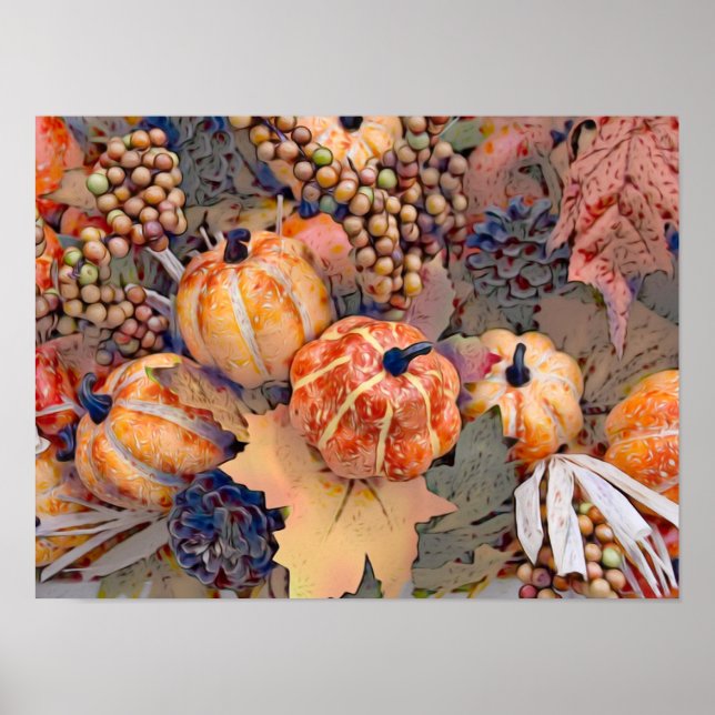 Pumpkin Autumn Orange Leaves Digital Painting Poster (Front)